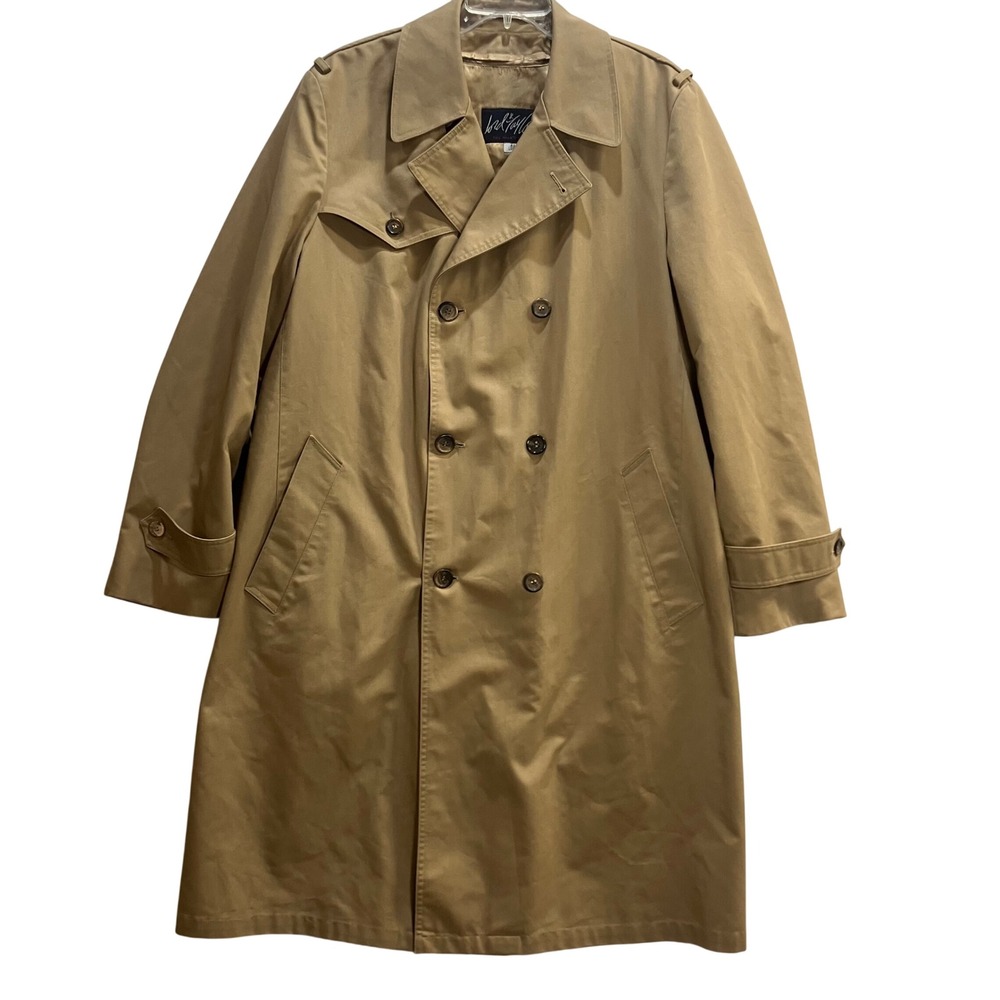VTG Lord & Taylor Mens Tan Double Breasted Trench Coat Zip Out Plaid‎ Liner 42 L